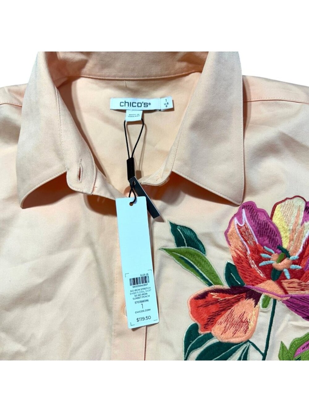 Chicos Women's Sz 8 Floral Embroidered Button-Up Shirt In Sunset Peach